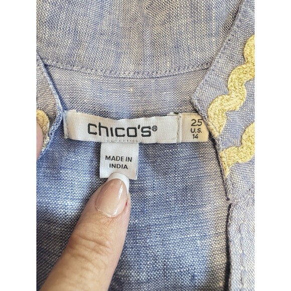 Chico's Women's 100% Linen Tunic Top 3/4 Sleeve Blue Size 2.5 US 14 w/ Rick Rack - Picture 3 of 6